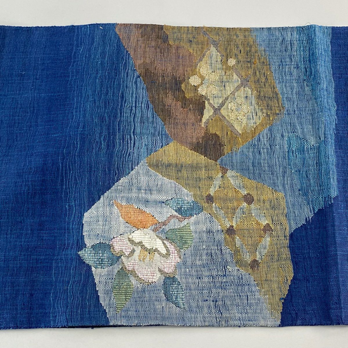 袋帶 秀品級 紬織織 枝花 梅花 金絲 藍色 大鼓圖案 純蠶絲