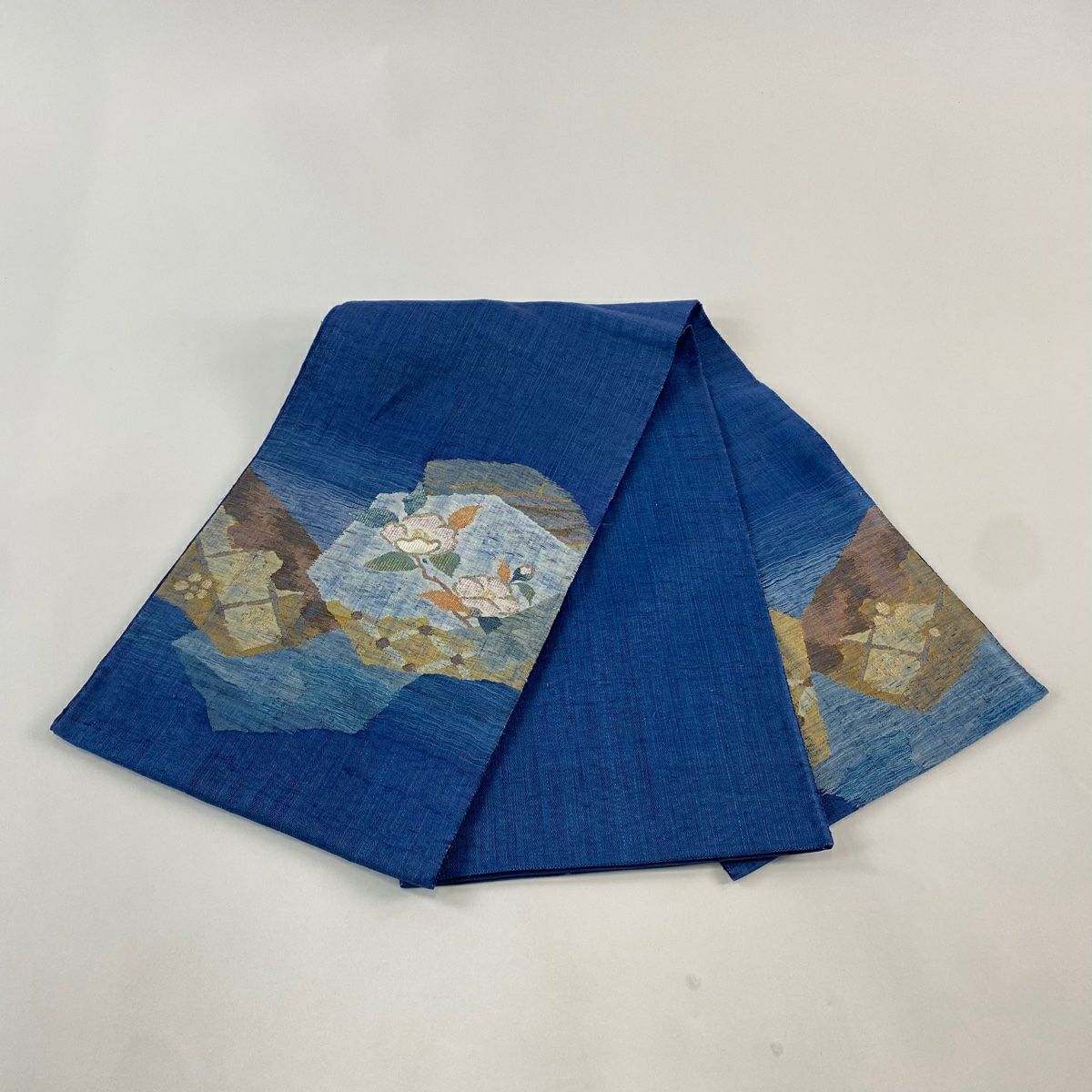 袋帶 秀品級 紬織織 枝花 梅花 金絲 藍色 大鼓圖案 純蠶絲