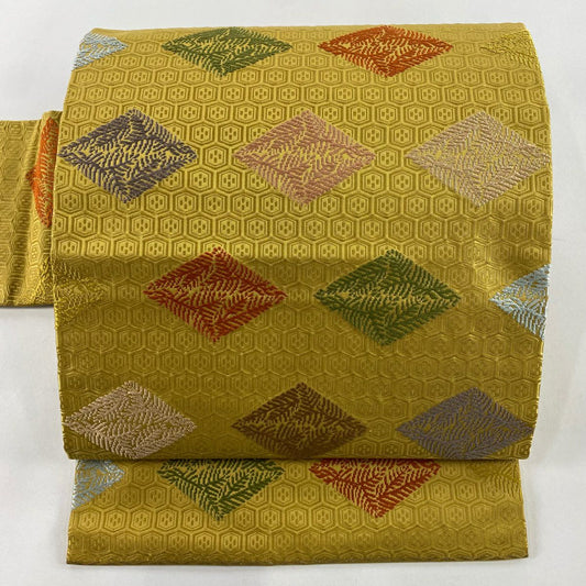 名古屋帶 秀品級 菱 龜甲 刺繡 山吹茶 純蠶絲