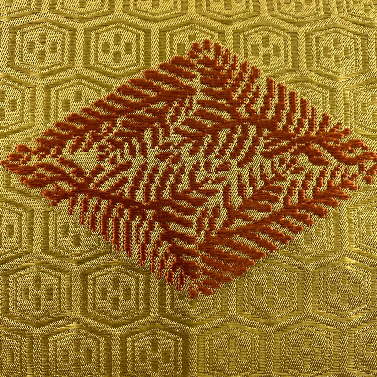 名古屋帶 秀品級 菱 龜甲 刺繡 山吹茶 純蠶絲