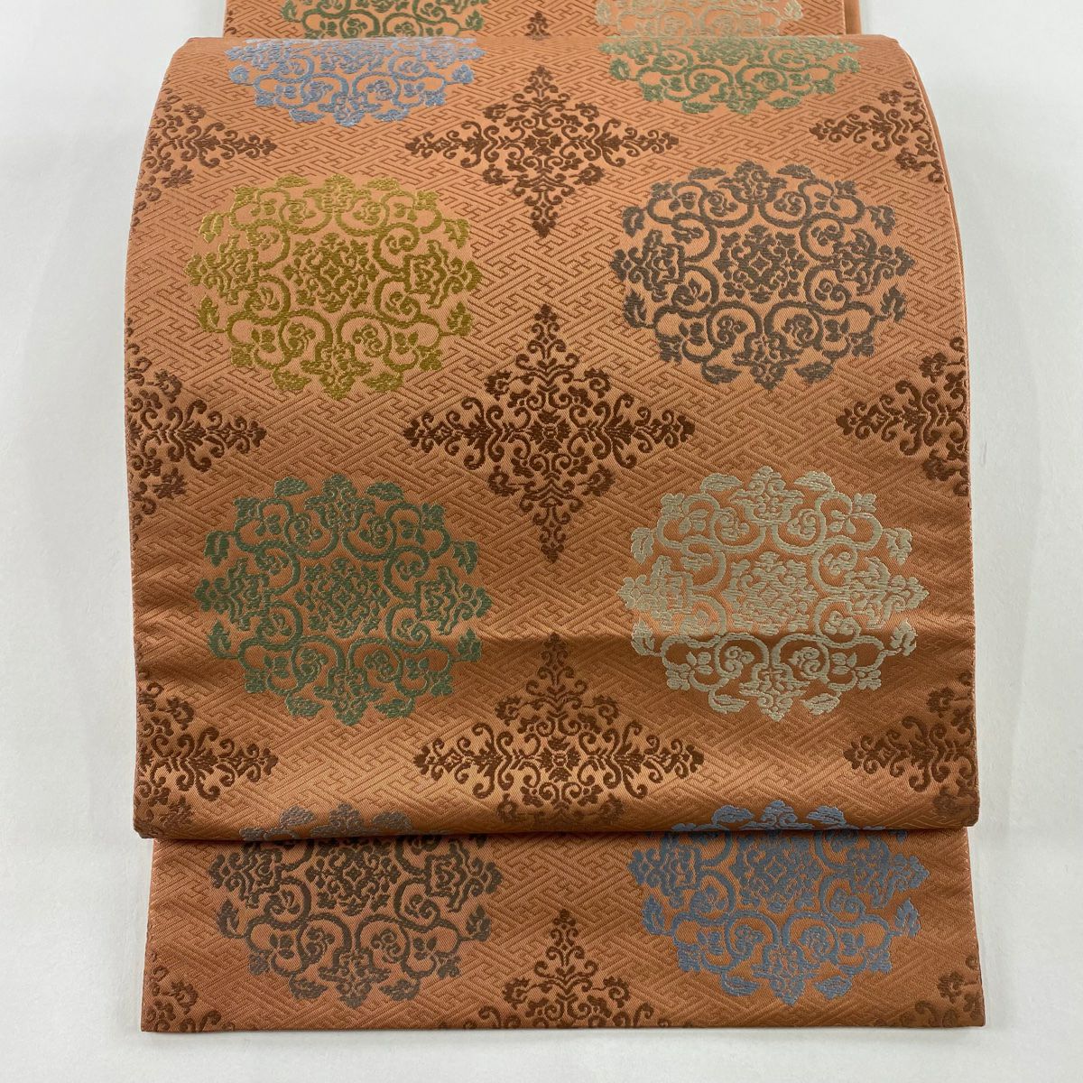 【美品】 袋帶 秀品級 華紋 花菱 刺繡 紅茶 全通 純蠶絲