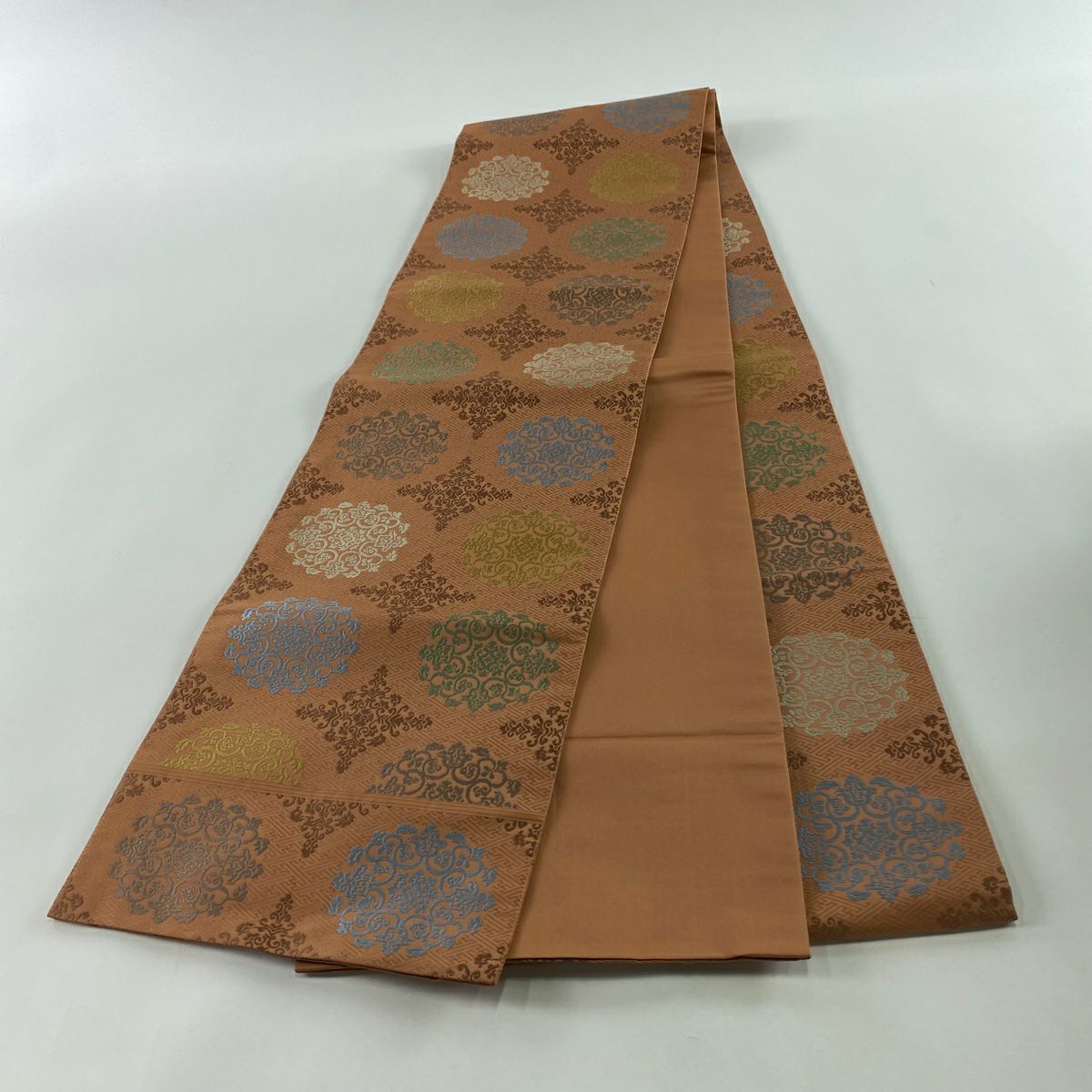 【美品】 袋帶 秀品級 華紋 花菱 刺繡 紅茶 全通 純蠶絲