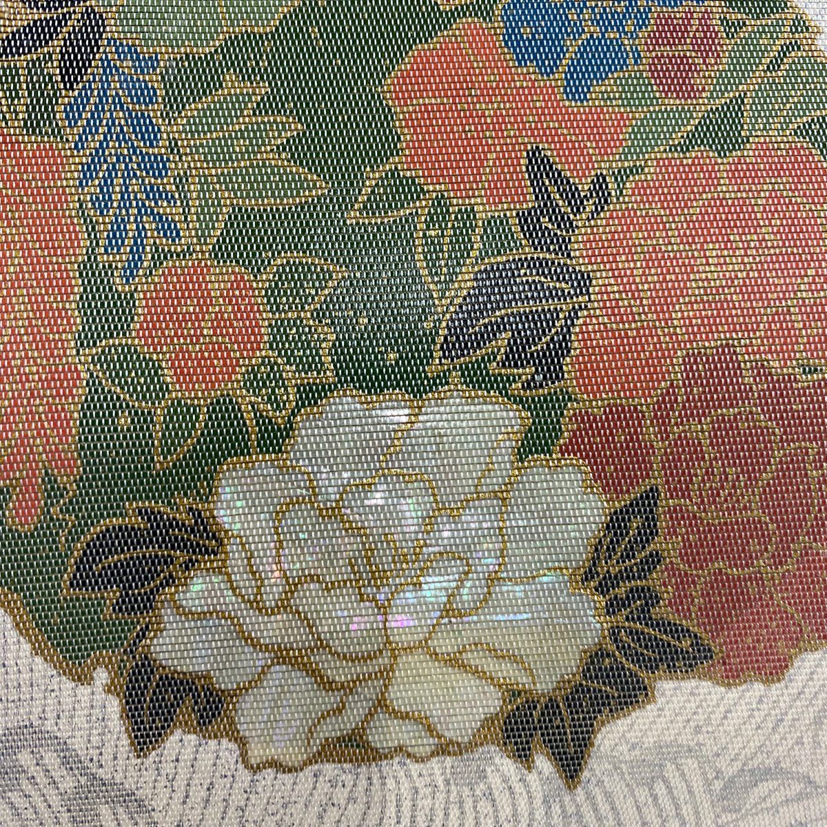 【美品】 袋帶 秀品級 花丸紋 波 銀糸 金金箔 奶油色 お太鼓柄 純蠶絲