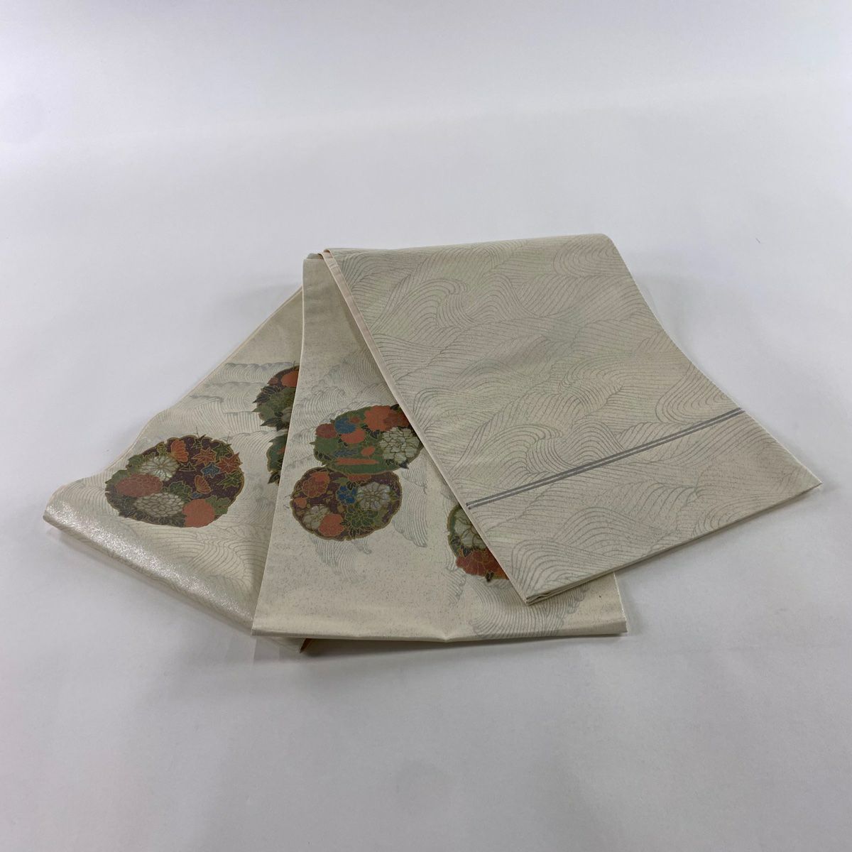 【美品】 袋帶 秀品級 花丸紋 波 銀糸 金金箔 奶油色 お太鼓柄 純蠶絲