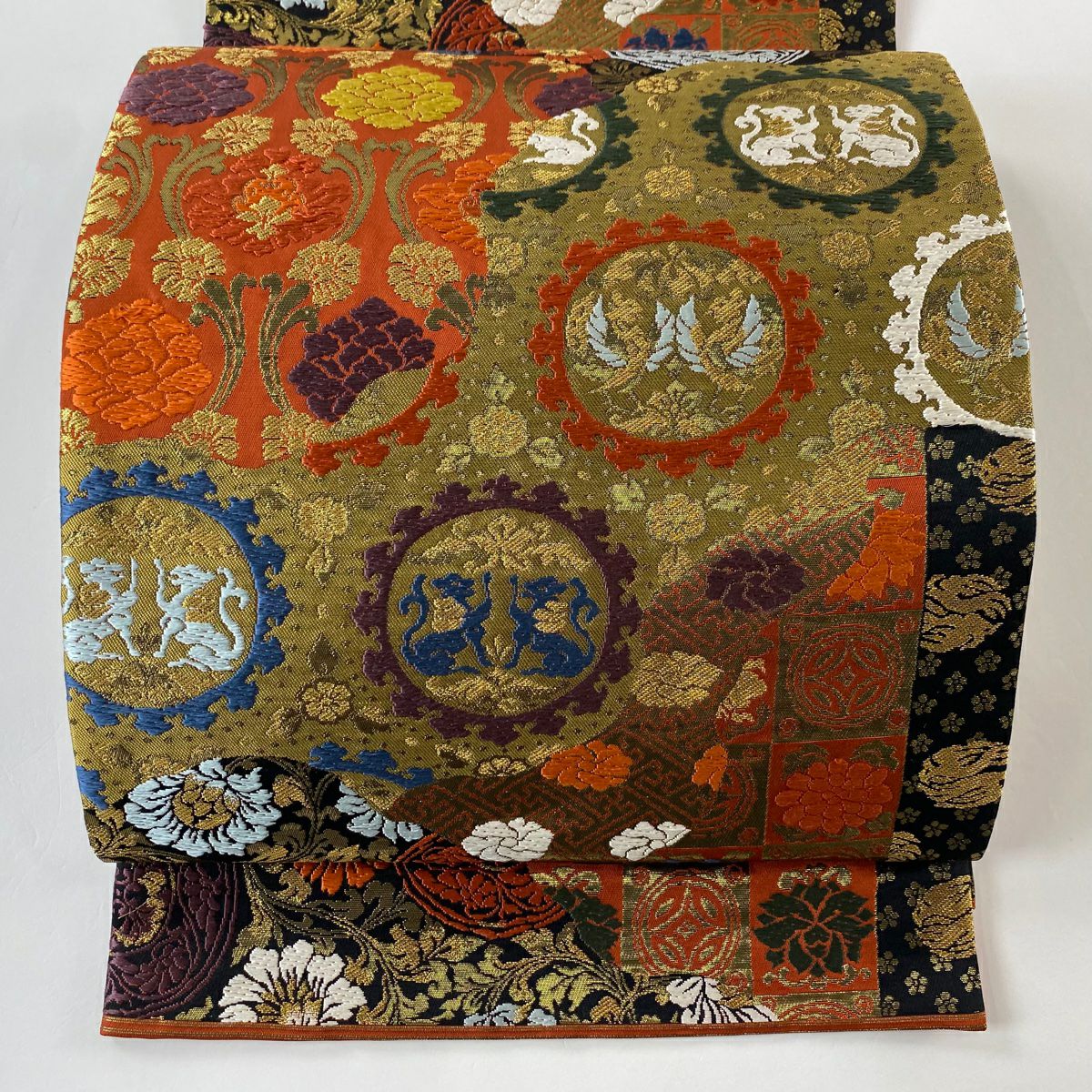 【美品】 袋帶 秀品級 新能裳錦 花唐草紋 向鳥 金絲 金金箔 紅茶 六通 純蠶絲