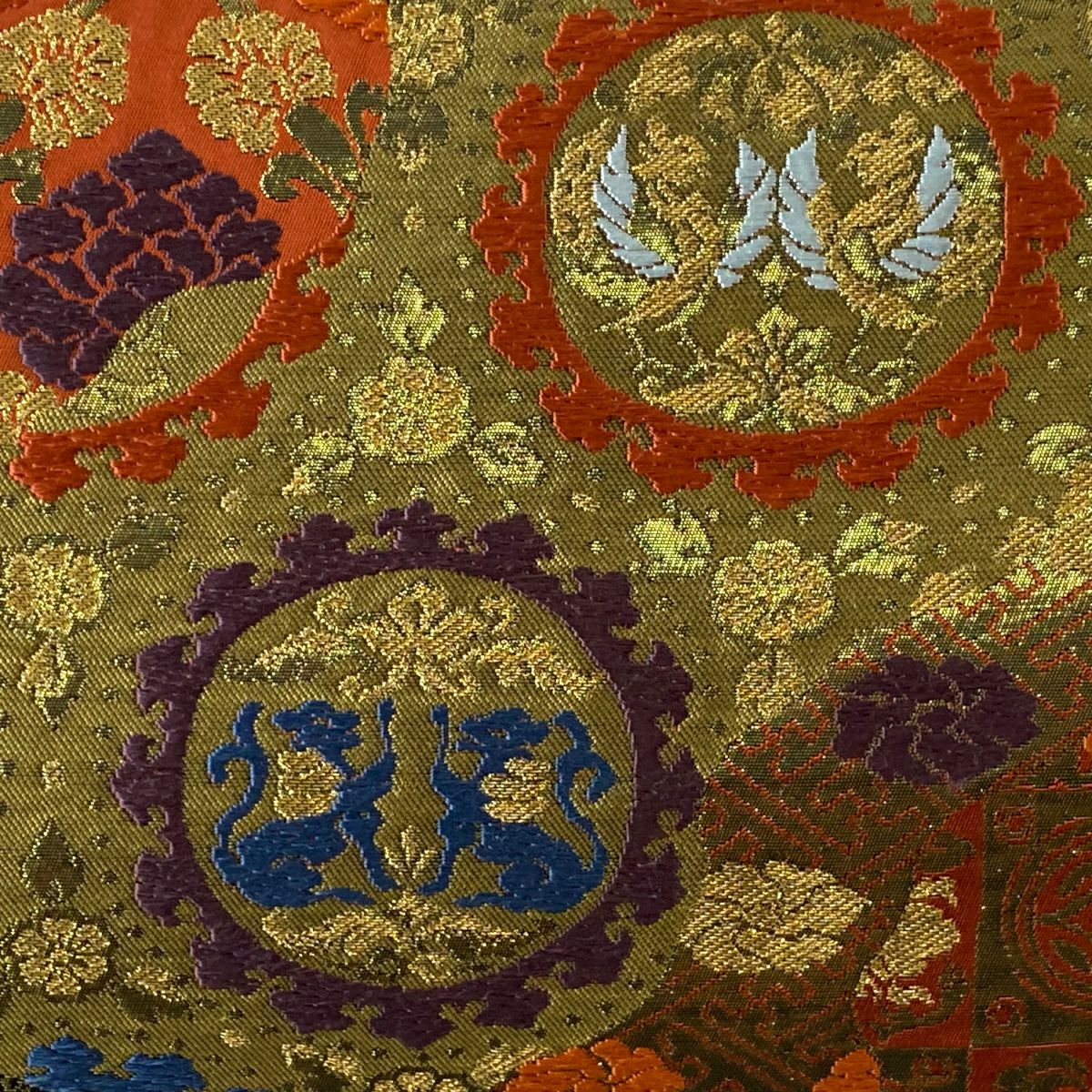 【美品】 袋帶 秀品級 新能裳錦 花唐草紋 向鳥 金絲 金金箔 紅茶 六通 純蠶絲