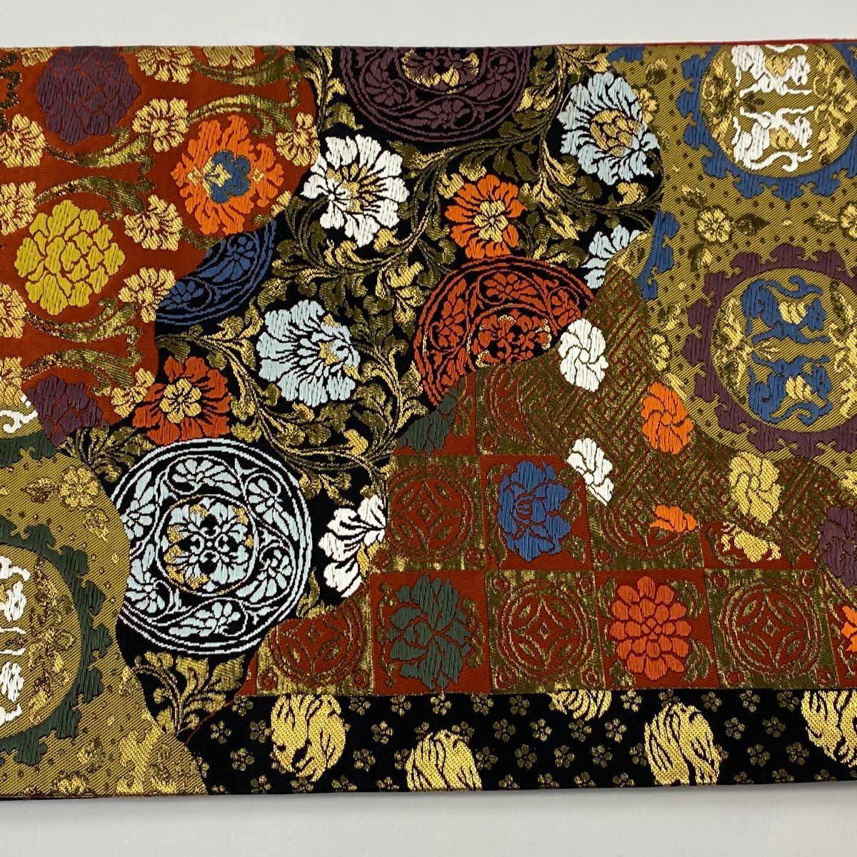 【美品】 袋帶 秀品級 新能裳錦 花唐草紋 向鳥 金絲 金金箔 紅茶 六通 純蠶絲