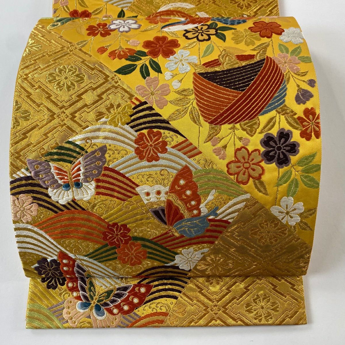 【美品】 袋帶 秀品級 線卷 鳳凰 金絲 唐織 金色 六通 純蠶絲