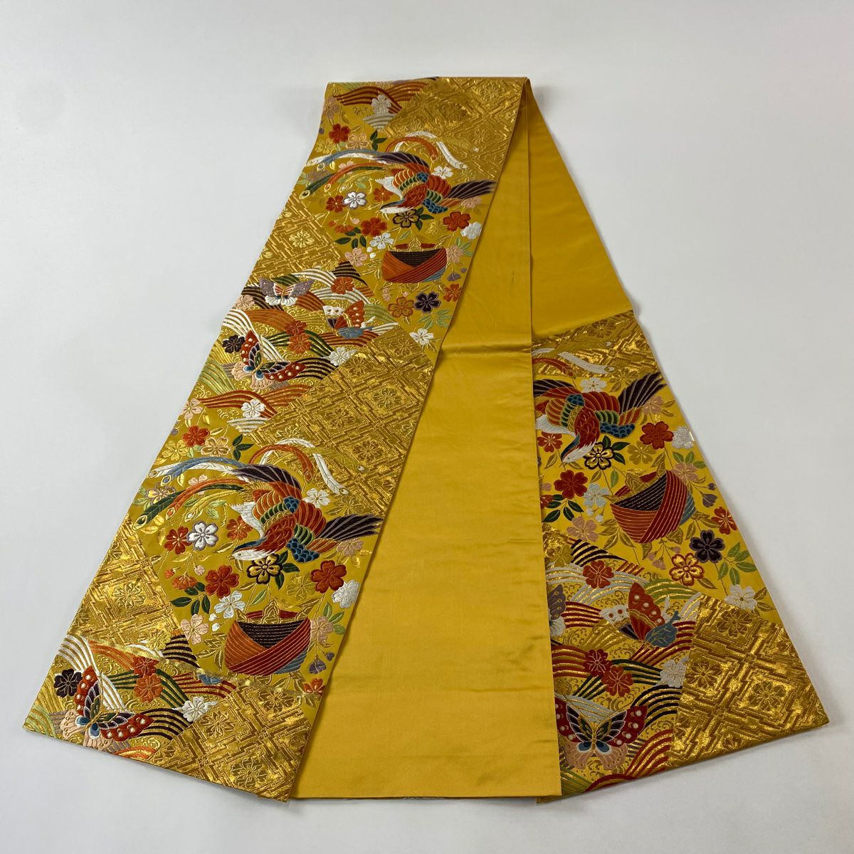 【美品】 袋帶 秀品級 線卷 鳳凰 金絲 唐織 金色 六通 純蠶絲