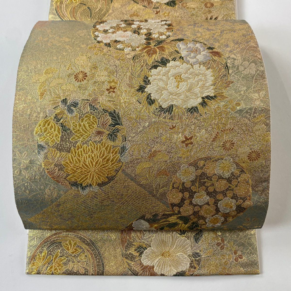 【美品】 袋帶 秀品級 花丸紋 牡丹 金銀絲 金金箔 金色 六通 純蠶絲