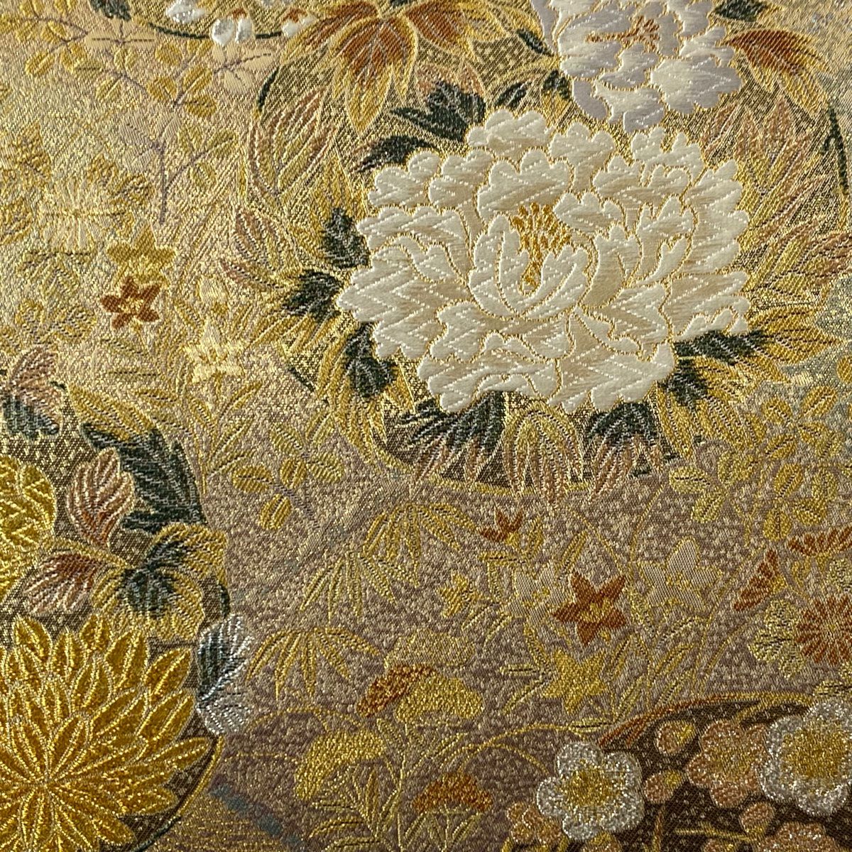 【美品】 袋帶 秀品級 花丸紋 牡丹 金銀絲 金金箔 金色 六通 純蠶絲