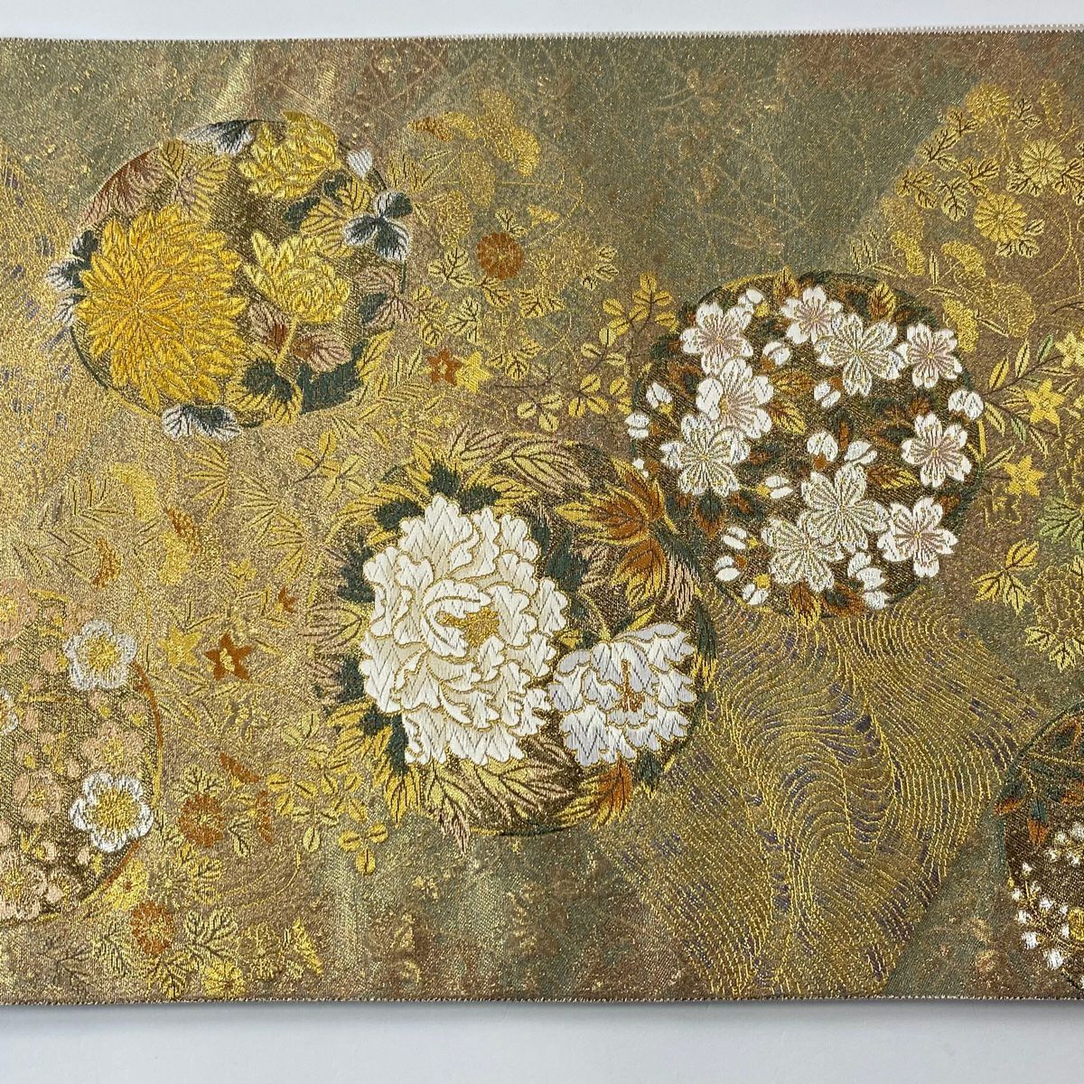 【美品】 袋帶 秀品級 花丸紋 牡丹 金銀絲 金金箔 金色 六通 純蠶絲