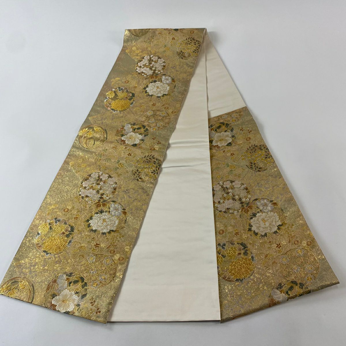 【美品】 袋帶 秀品級 花丸紋 牡丹 金銀絲 金金箔 金色 六通 純蠶絲
