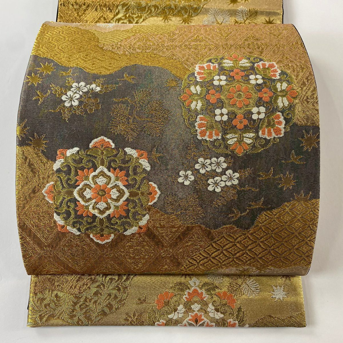 【美品】 袋帶 秀品級 華紋 有職文樣 金絲 金金箔 金色 六通 純蠶絲