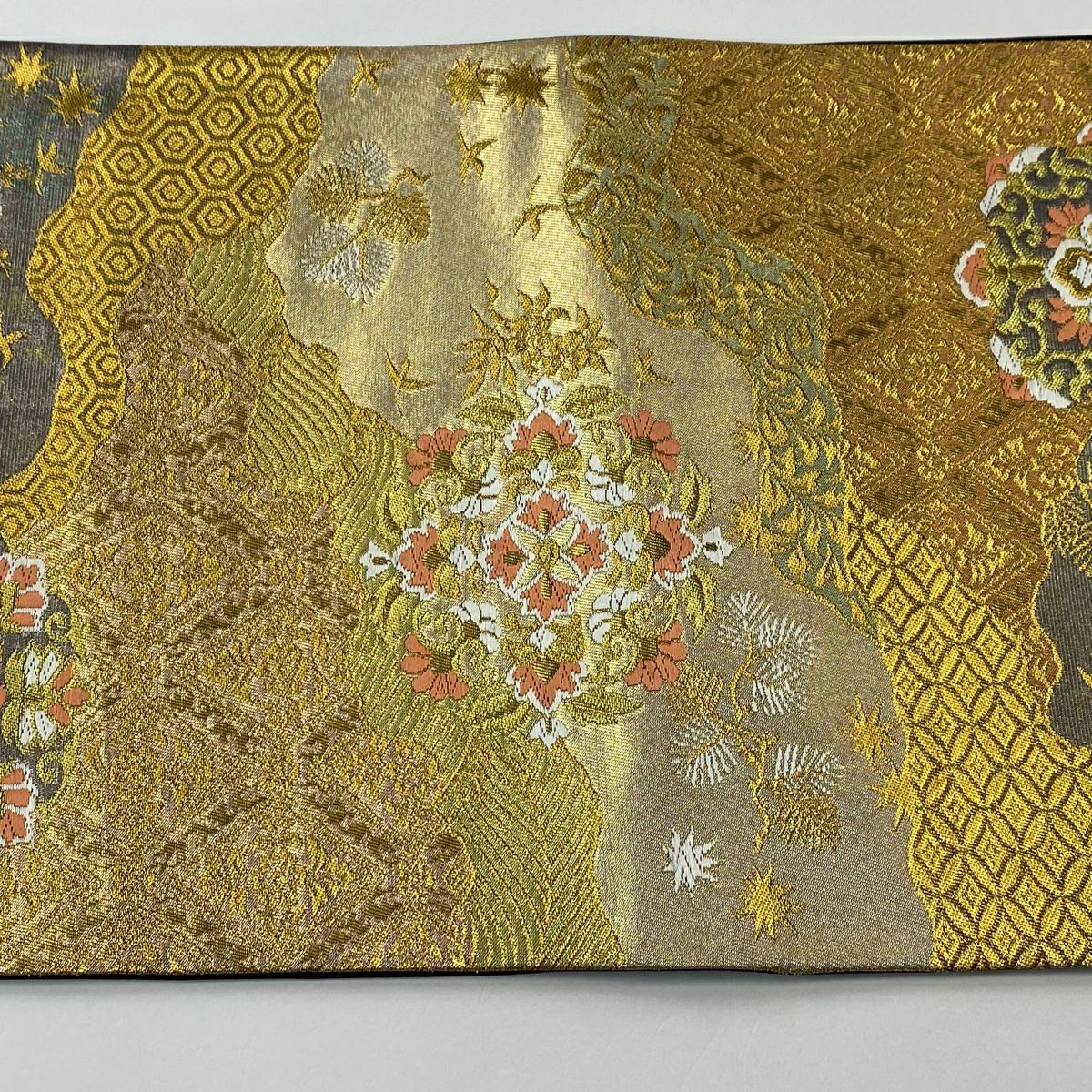 【美品】 袋帶 秀品級 華紋 有職文樣 金絲 金金箔 金色 六通 純蠶絲