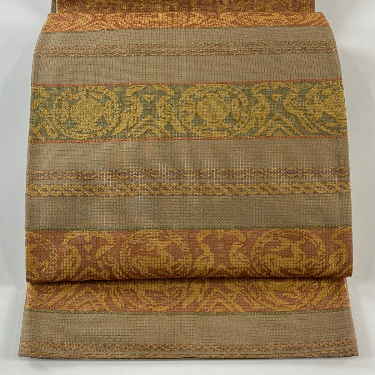 袋帶 秀品級 圓文 動物 金絲 刺繡 淺茶 全通 純蠶絲