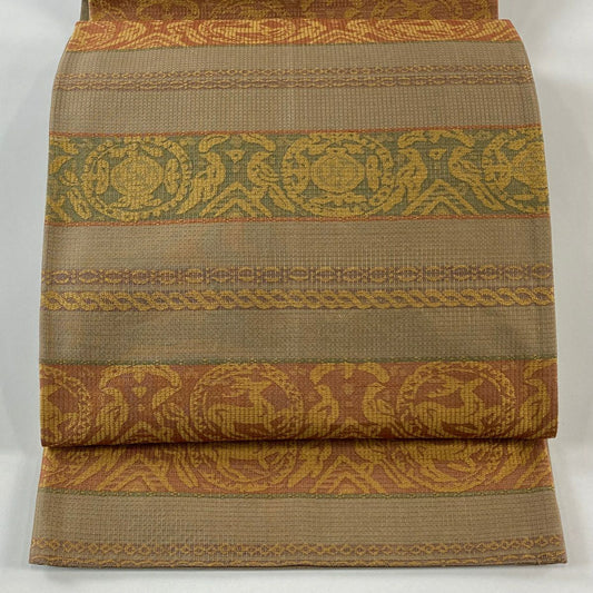 袋帶 秀品級 圓文 動物 金絲 刺繡 淺茶 全通 純蠶絲