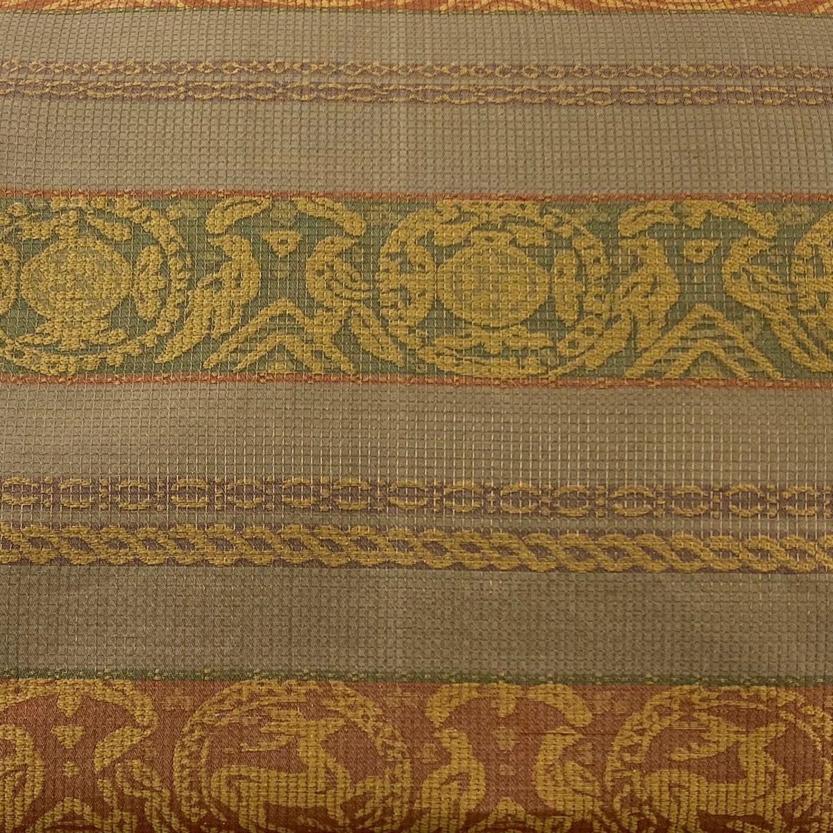 袋帶 秀品級 圓文 動物 金絲 刺繡 淺茶 全通 純蠶絲