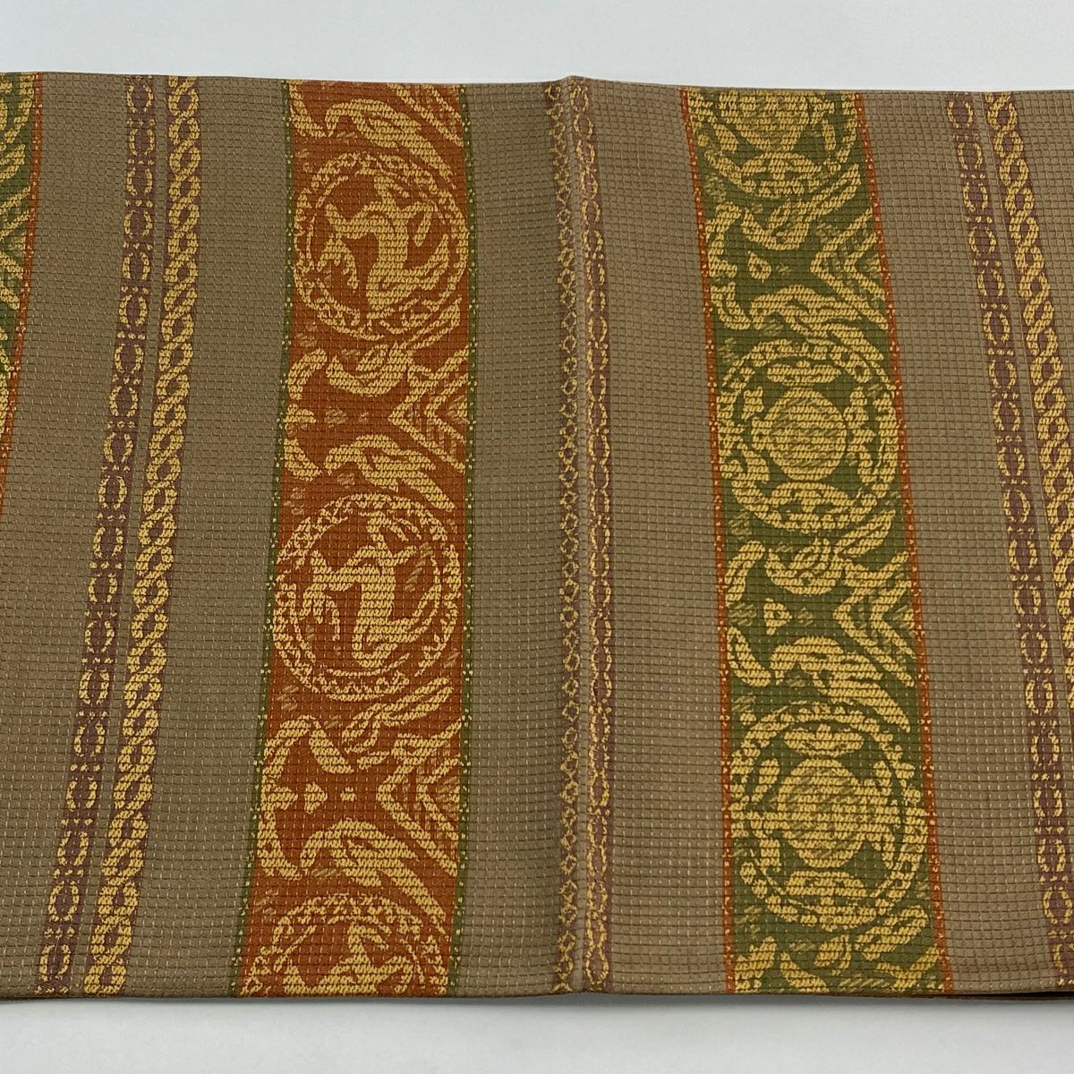 袋帶 秀品級 圓文 動物 金絲 刺繡 淺茶 全通 純蠶絲