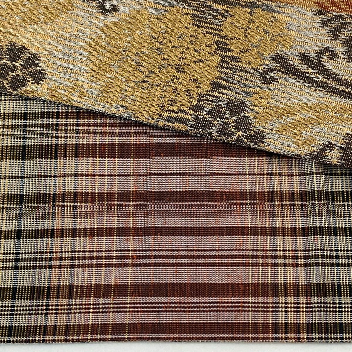【美品】 袋帶 秀品級 縞 草花紋 金糸 薄茶 全通 純蠶絲