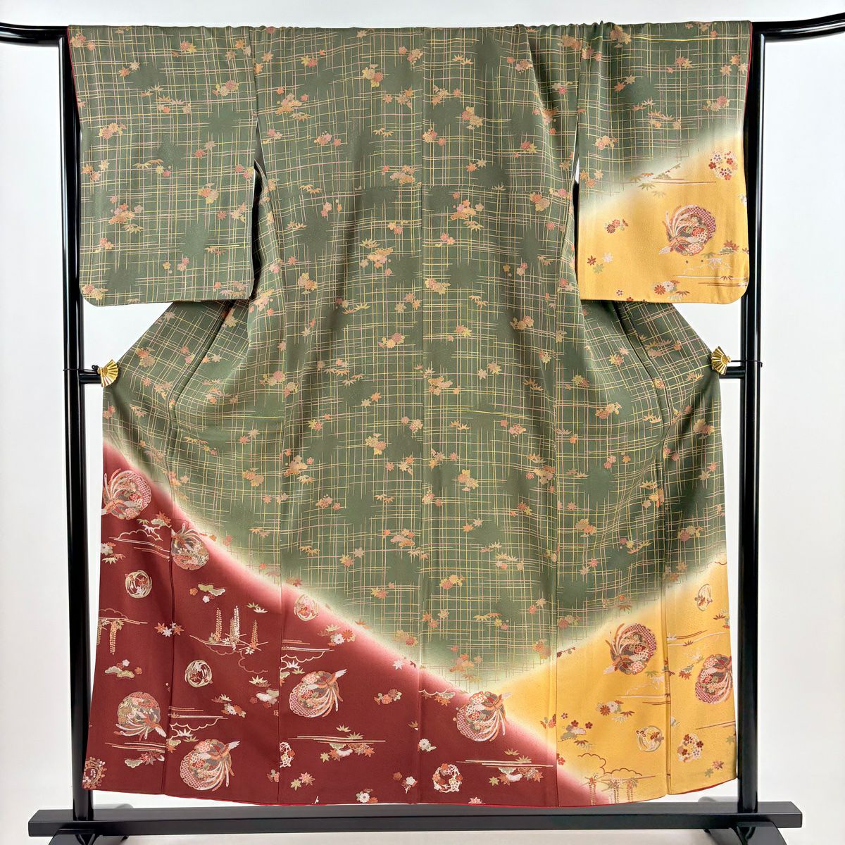 付下 身長155cm 袖長67.5cm L 雙層 鈴乃屋 松樹竹子梅花 尾長鳥 金銀彩 漸層 茶綠 純蠶絲 優品級