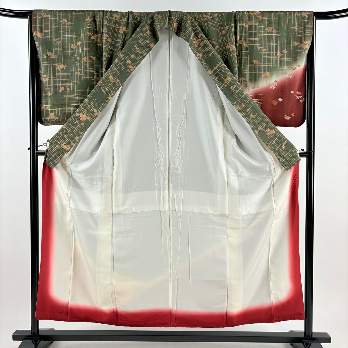 付下 身長155cm 袖長67.5cm L 雙層 鈴乃屋 松樹竹子梅花 尾長鳥 金銀彩 漸層 茶綠 純蠶絲 優品級