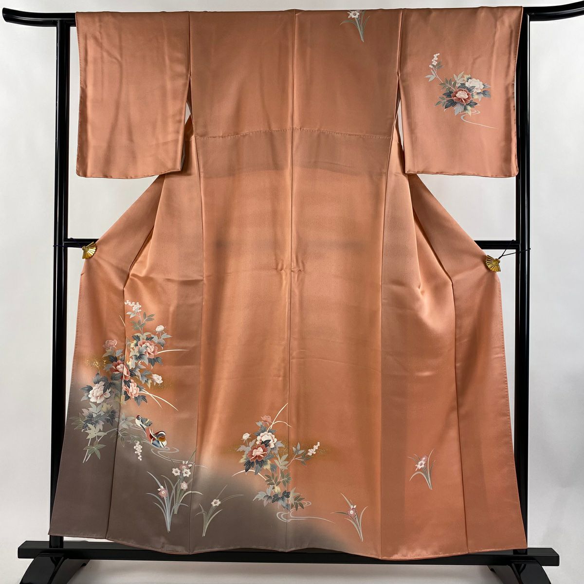 訪問服 身長155.5cm 袖長63.5cm S 雙層 牡丹 鴛鴦 金銀彩 漸變 鮭粉色 純蠶絲 優品級