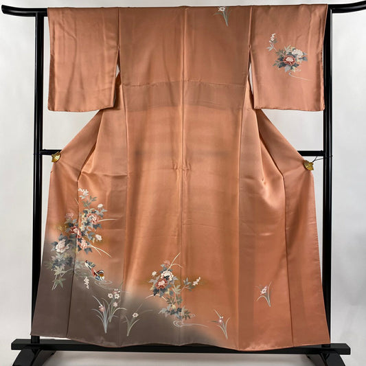 訪問服 身長155.5cm 袖長63.5cm S 雙層 牡丹 鴛鴦 金銀彩 漸變 鮭粉色 純蠶絲 優品級