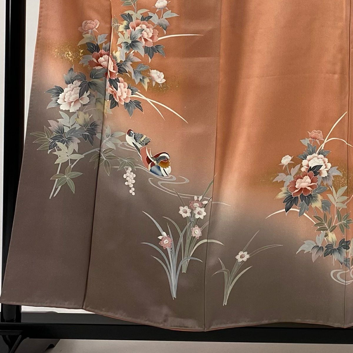 訪問服 身長155.5cm 袖長63.5cm S 雙層 牡丹 鴛鴦 金銀彩 漸變 鮭粉色 純蠶絲 優品級