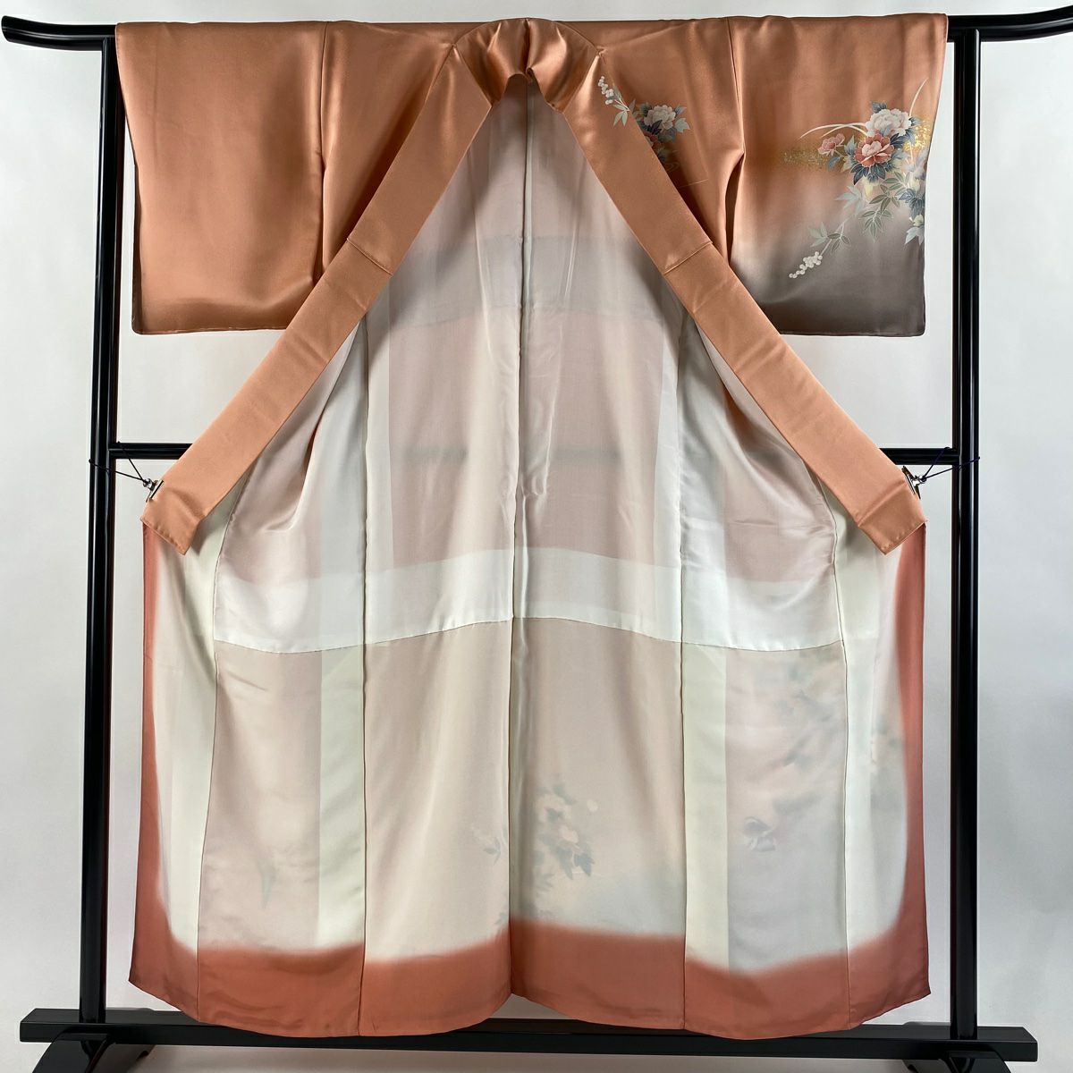 訪問服 身長155.5cm 袖長63.5cm S 雙層 牡丹 鴛鴦 金銀彩 漸變 鮭粉色 純蠶絲 優品級