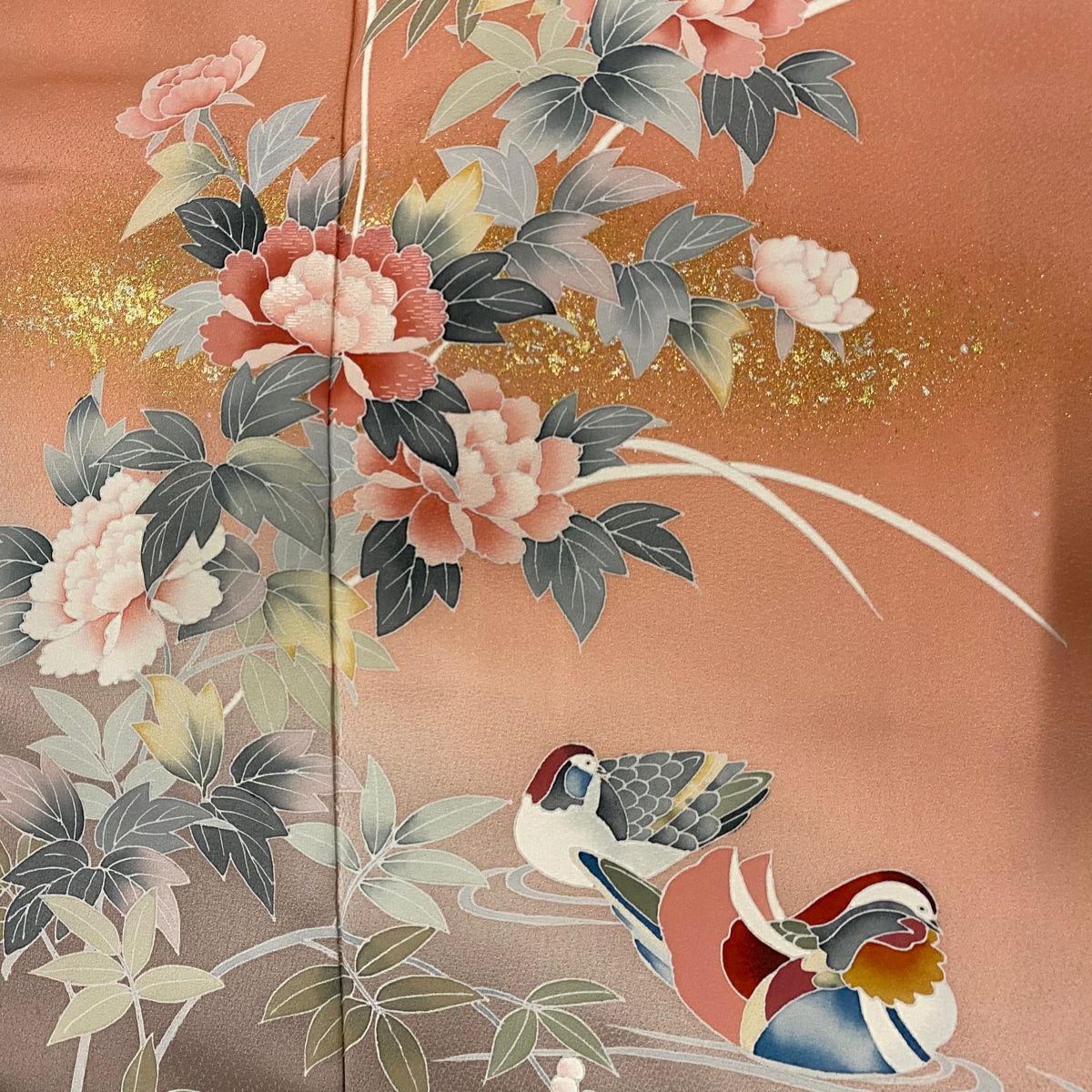 訪問服 身長155.5cm 袖長63.5cm S 雙層 牡丹 鴛鴦 金銀彩 漸變 鮭粉色 純蠶絲 優品級