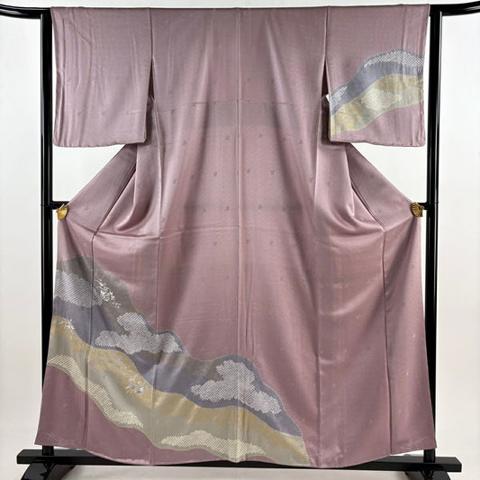 付下 身長157cm 袖長63cm S 雙層 花籠 道長取刺繡 絞染 淺紫 純蠶絲 優品級