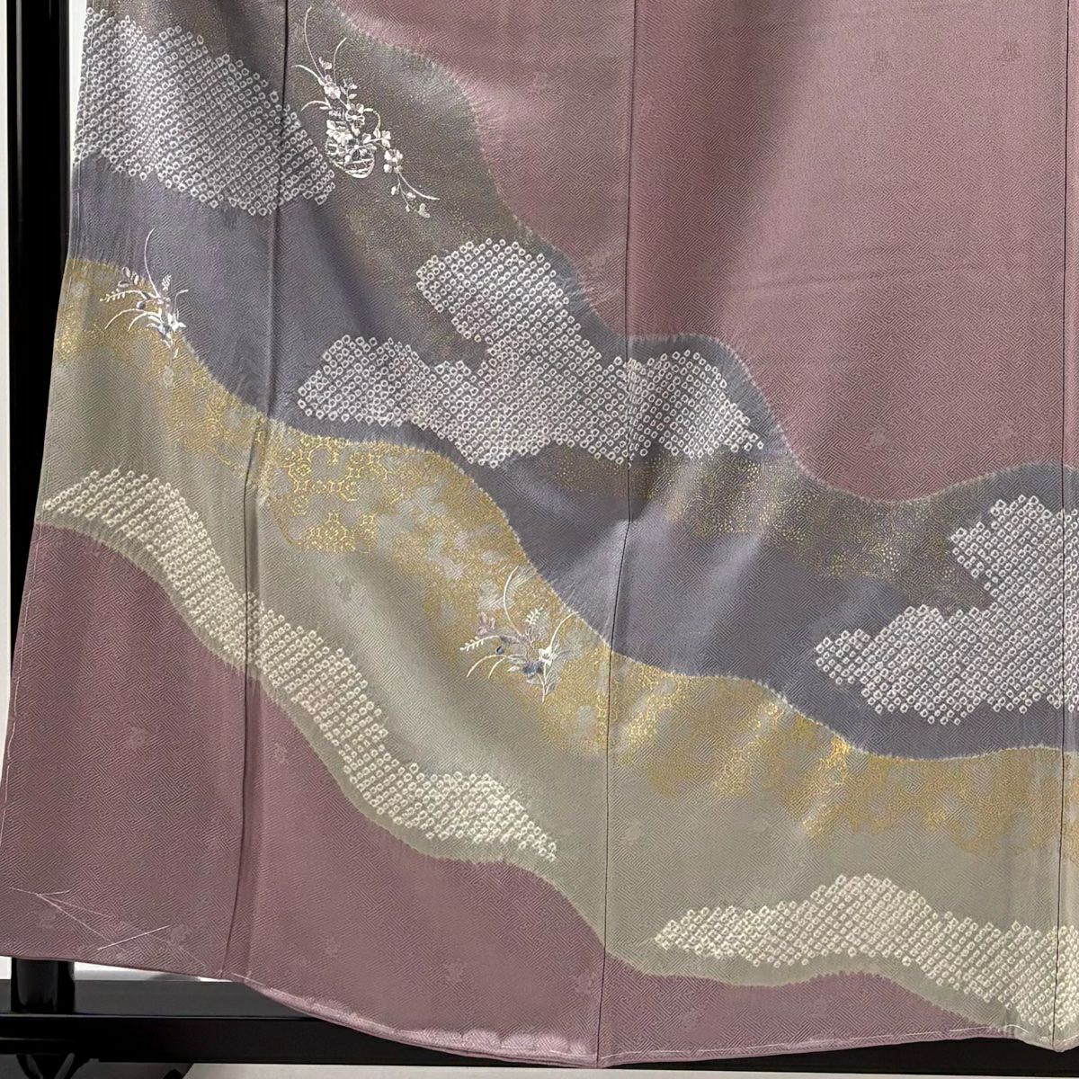 付下 身長157cm 袖長63cm S 雙層 花籠 道長取刺繡 絞染 淺紫 純蠶絲 優品級