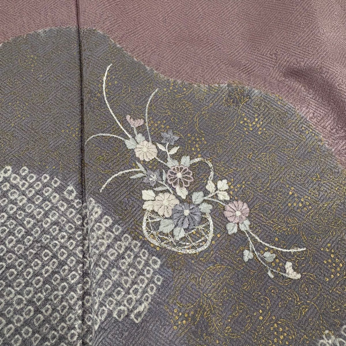 付下 身長157cm 袖長63cm S 雙層 花籠 道長取刺繡 絞染 淺紫 純蠶絲 優品級