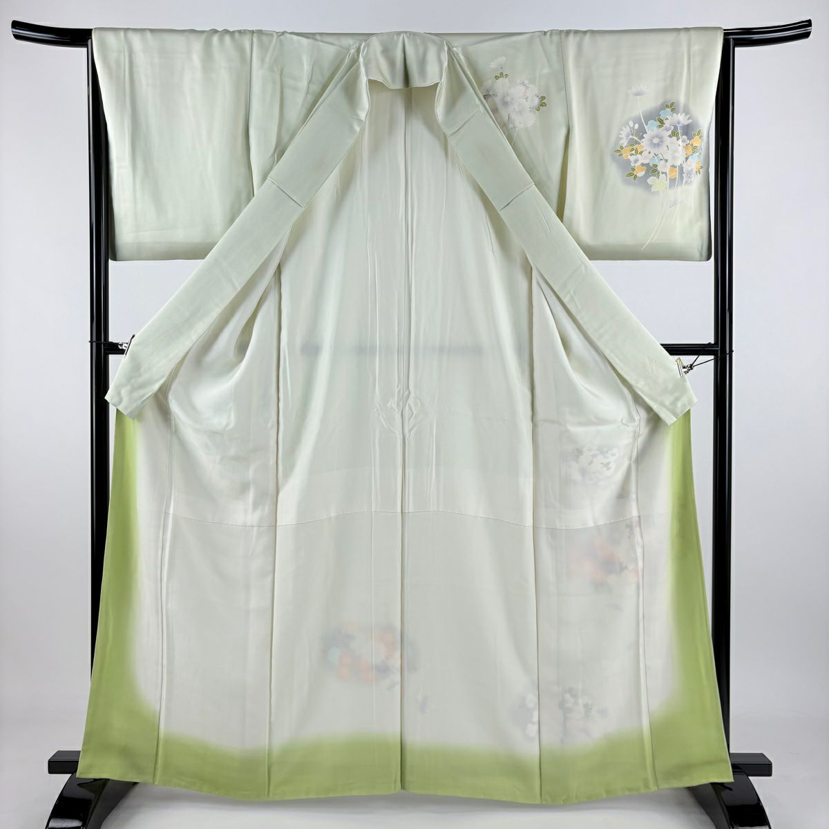 付下 身長164.5cm 袖長66cm M 雙層 菊花 花 櫻花 漸層 薄綠 純蠶絲 優品級