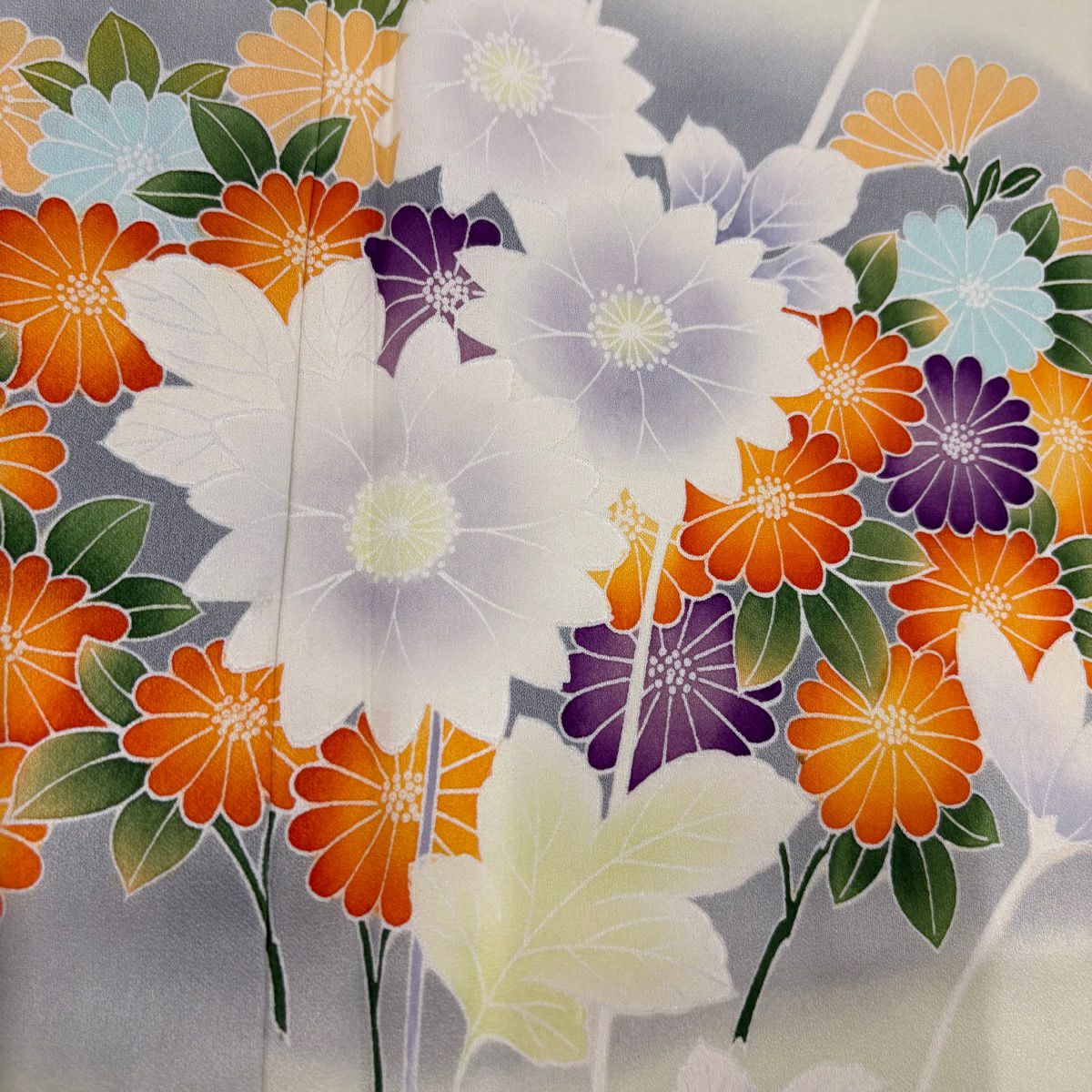 付下 身長164.5cm 袖長66cm M 雙層 菊花 花 櫻花 漸層 薄綠 純蠶絲 優品級