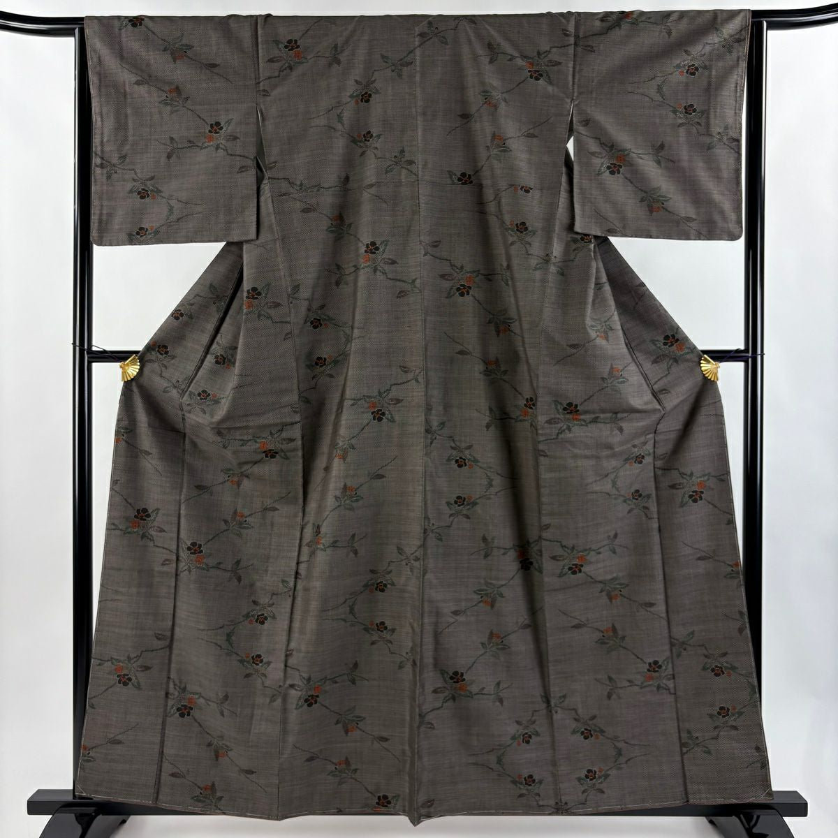 【美品】 紬織 身長160cm 袖長64.5cm M 雙層 草花紋 茶 純蠶絲 秀品級