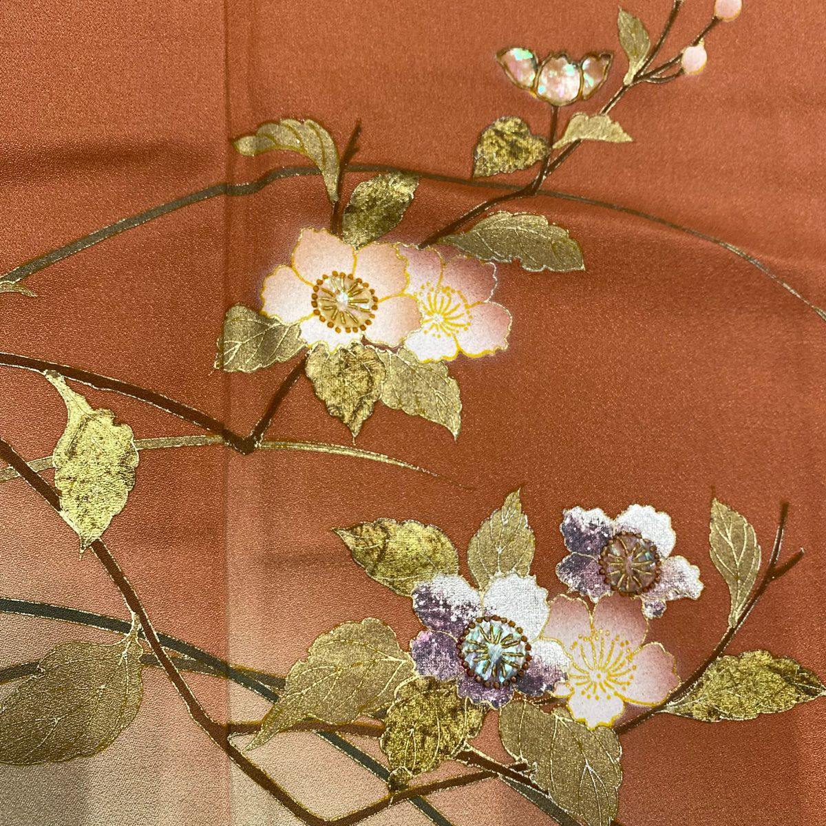 訪問服 身長155cm 袖長64cm M 雙層 枝花 金銀彩 螺鈿 鮭粉色 純蠶絲 秀品級