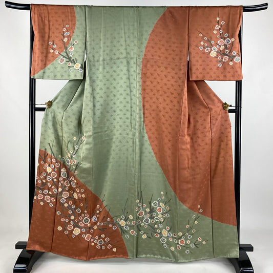 訪問服 身長163cm 袖長67cm M 雙層 枝花 金銀彩 絞染 淺綠 純蠶絲 優品級