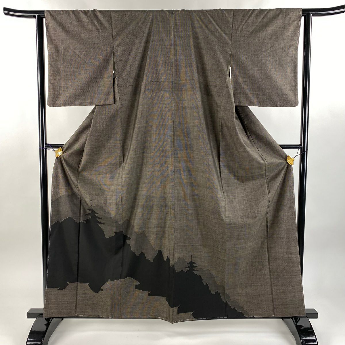 【美品】 付下 身長161cm 袖長62.5cm S 雙層 紬織織 建物 山脈 焦茶 純蠶絲 優品級