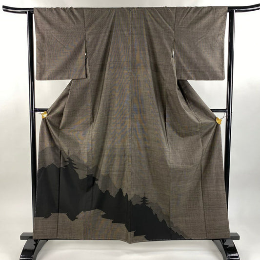 【美品】 付下 身長161cm 袖長62.5cm S 雙層 紬織織 建物 山脈 焦茶 純蠶絲 優品級