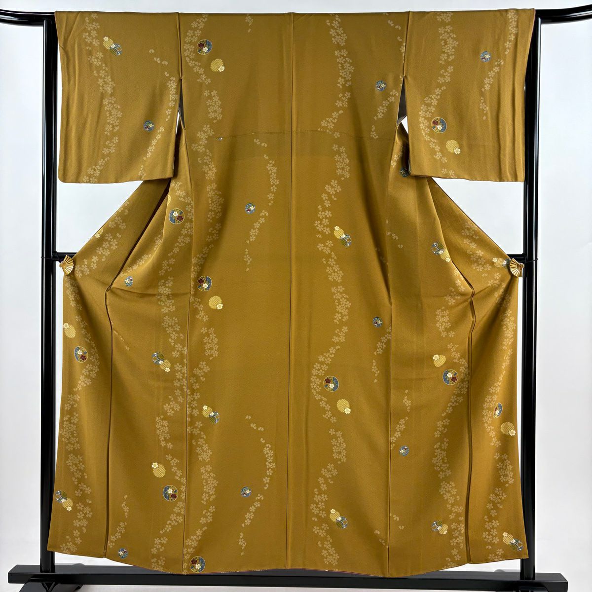【美品】 小紋 身長156cm 袖長64cm M 雙層 圓文 櫻花 金銀彩 山吹茶 純蠶絲 秀品級