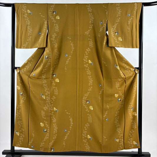 【美品】 小紋 身長156cm 袖長64cm M 雙層 圓文 櫻花 金銀彩 山吹茶 純蠶絲 秀品級