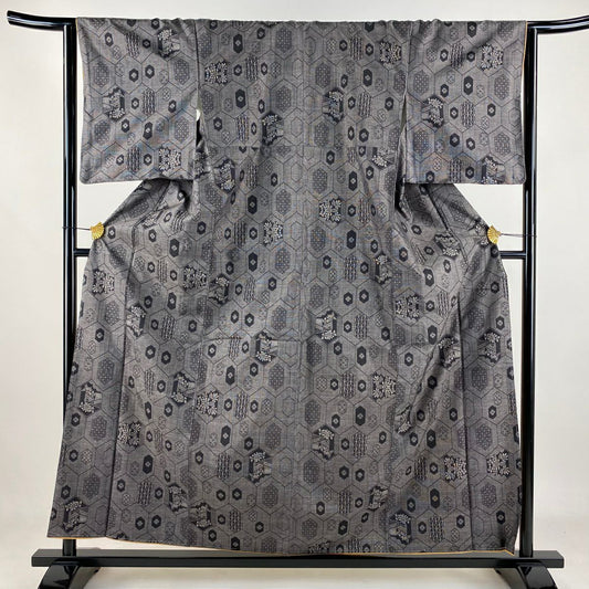 【美品】 紬織 身長158cm 袖長63.5cm S 雙層 龜甲 菊花 茶紫 純蠶絲 秀品級