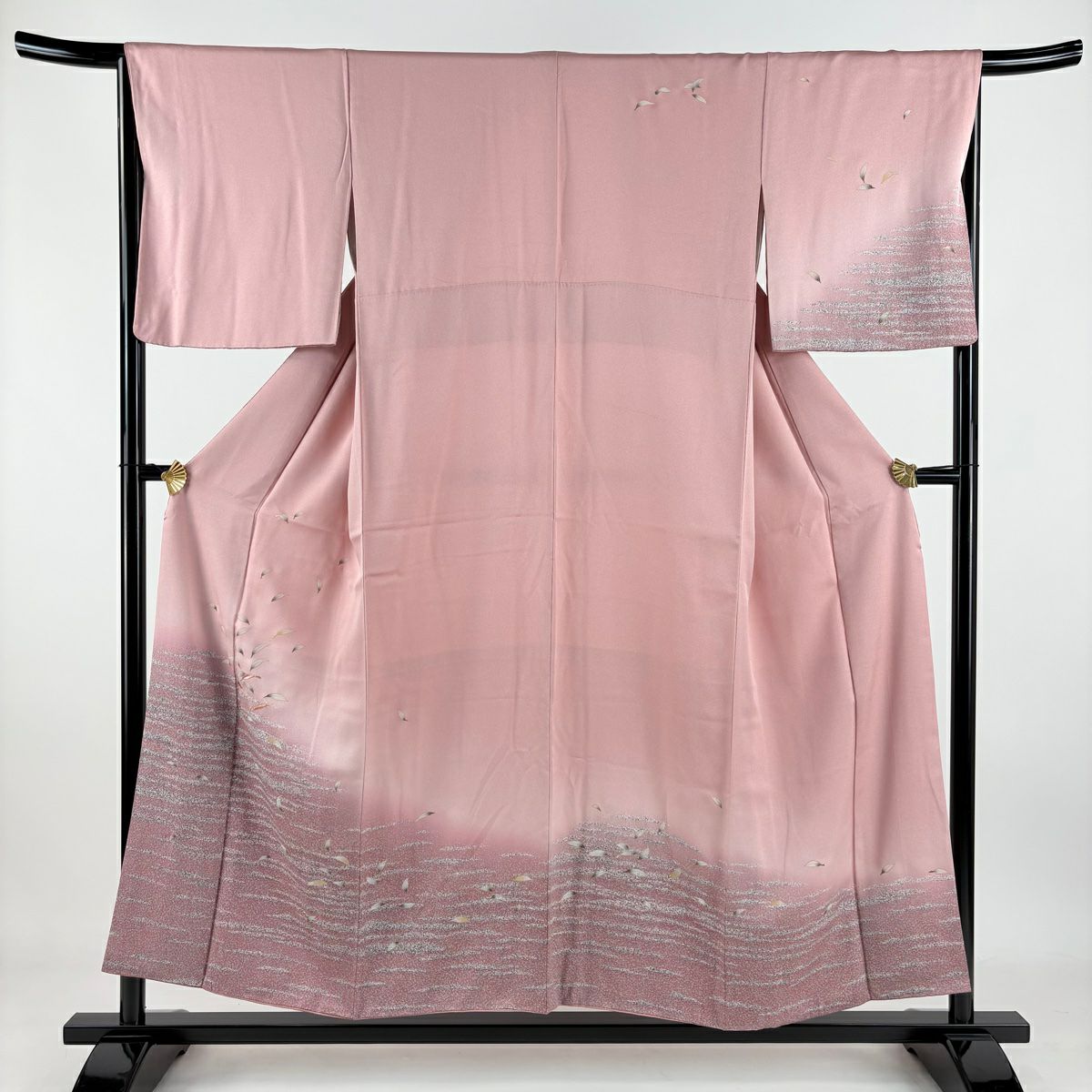 訪問服 身長154cm 袖長66.5cm M 雙層 葉柄 霞 刺繡 金彩裝飾 粉紅 純蠶絲 秀品級