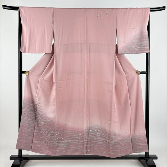 訪問服 身長154cm 袖長66.5cm M 雙層 葉柄 霞 刺繡 金彩裝飾 粉紅 純蠶絲 秀品級