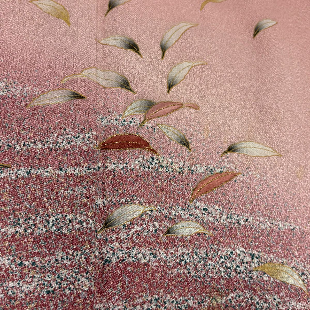 訪問服 身長154cm 袖長66.5cm M 雙層 葉柄 霞 刺繡 金彩裝飾 粉紅 純蠶絲 秀品級