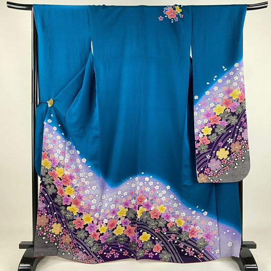 振袖禮服 身長164.5cm 袖長68cm L 雙層 櫻花 疋田 金絲 染分 青綠 純蠶絲 名品級