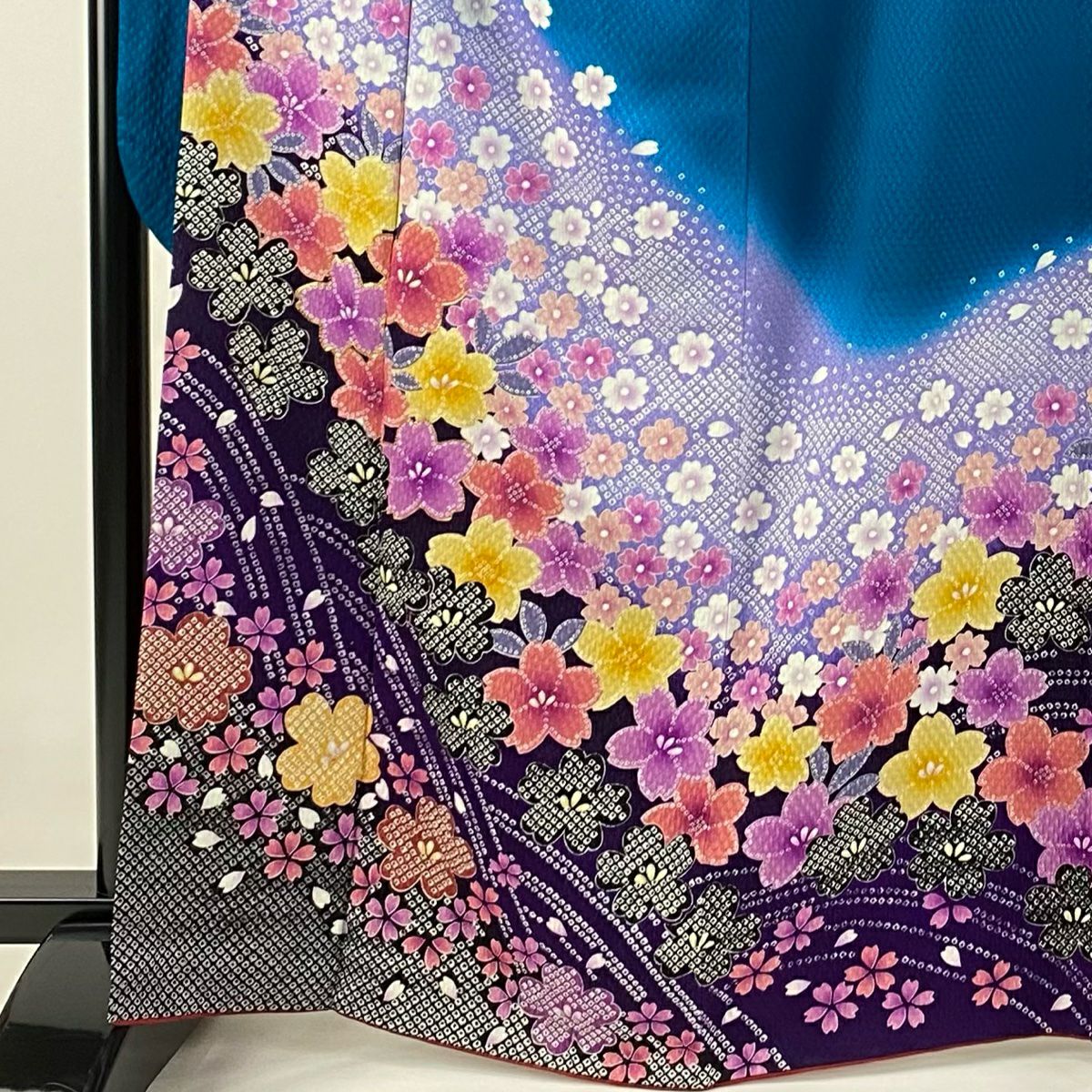 振袖禮服 身長164.5cm 袖長68cm L 雙層 櫻花 疋田 金絲 染分 青綠 純蠶絲 名品級