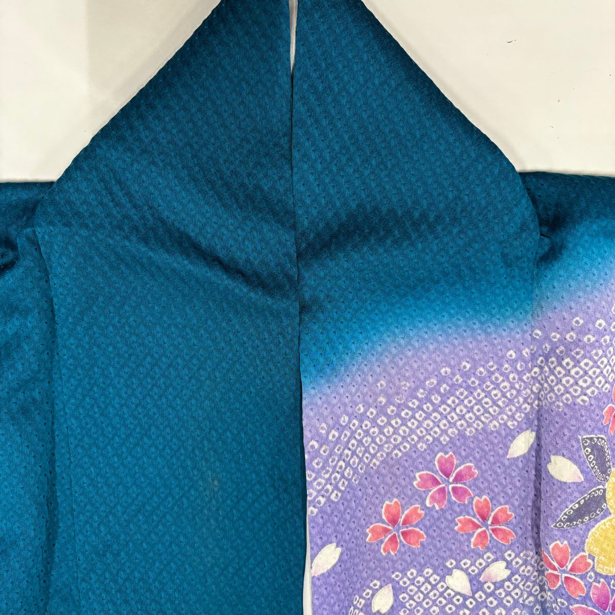 振袖禮服 身長164.5cm 袖長68cm L 雙層 櫻花 疋田 金絲 染分 青綠 純蠶絲 名品級